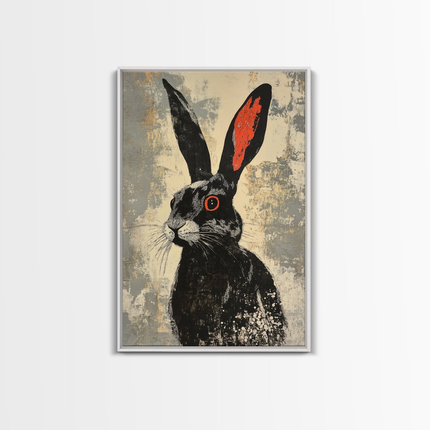 The Black Bunny, Framed Canvas Print Ready To Hang, Bunny Rabbit Art, Rabbit Painting, Minimalist Japanese Style Art