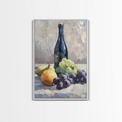 Still Life Of Grapes and Wine, Framed Canvas Print, Antique Style Fruit Still Life Oil Painting Print, Kitchen Decor, Rustic Farmhouse Kitchen Art