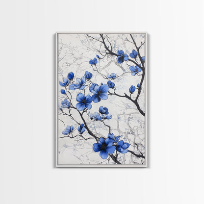 Wabi Sabi Wall Art Framed Canvas Print, Chinoiserie Wall Art, Chinoiserie Style Home Decor, Blue Flower Floral Print Wall Decor