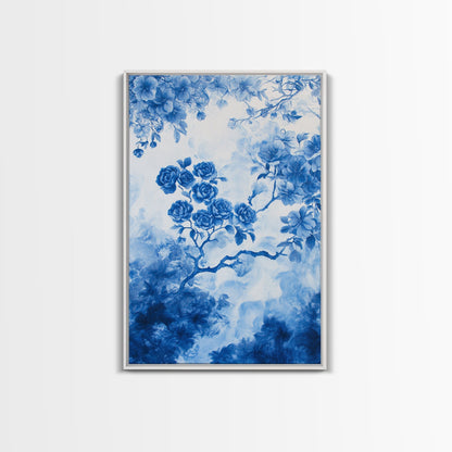 Blue Roses Chinoiserie Style Painting Print, Living Room Decor, Chinoiserie Wall Art, Chinoiserie Decor, Living Room Wall Art