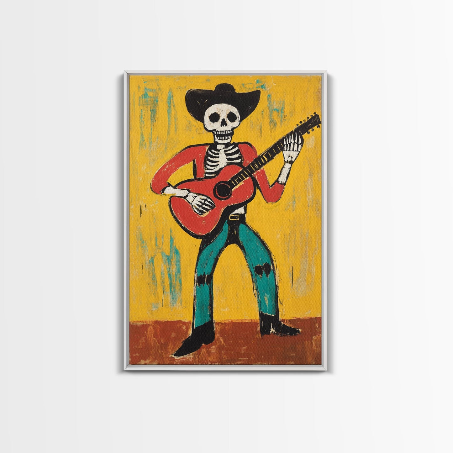 Canvas Print Of a Cowboy Skeleton Guitarist, Mexicano Art, Chicano Art, Original Artwork, Vaquero Art