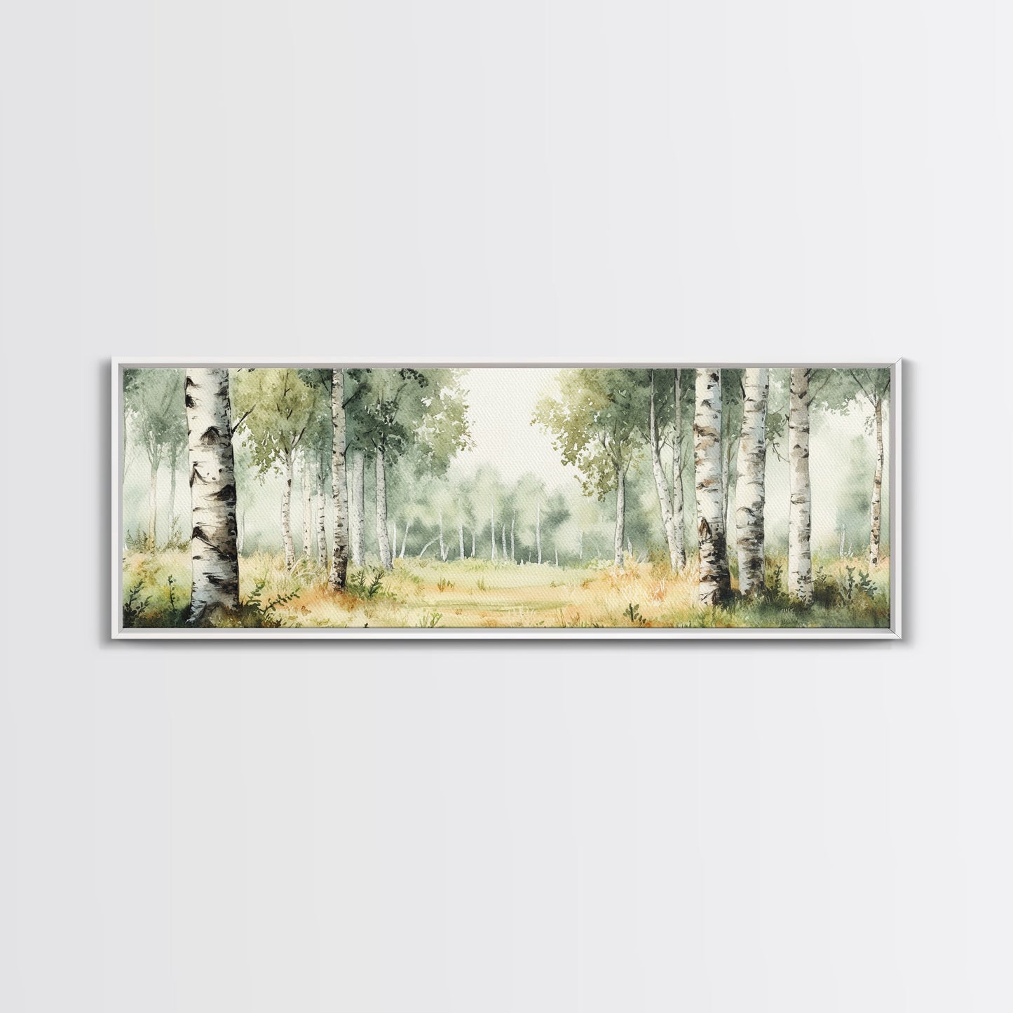 Silver Birch Trees in Spring Panoramic Canvas Print, Panoramic Painting, Aspen Trees Painting, Forest Landscape Horizontal Wall Art