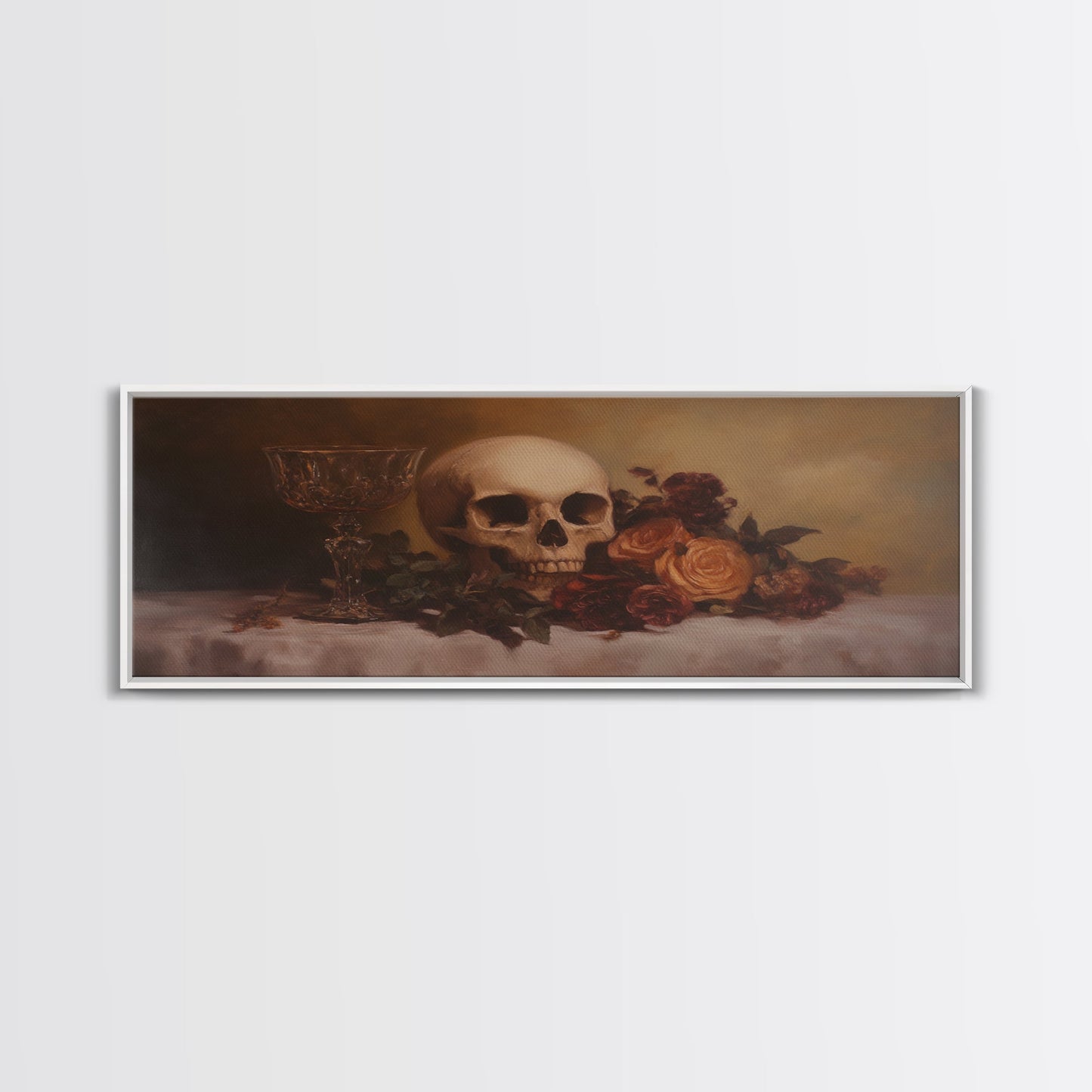 Skull and Flowers Canvas Print, Panoramic Goth Art, Extra Wide Wall Art, Goth Home Decor, Wide Art, Gothic Dark Academia Witchy Wall Art
