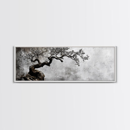 Black and White Bonzai Tree Framed Canvas Print, Wabi Sabi Japanese Style Home Decor, Minimalist Art, Moody Decor, Moody Art