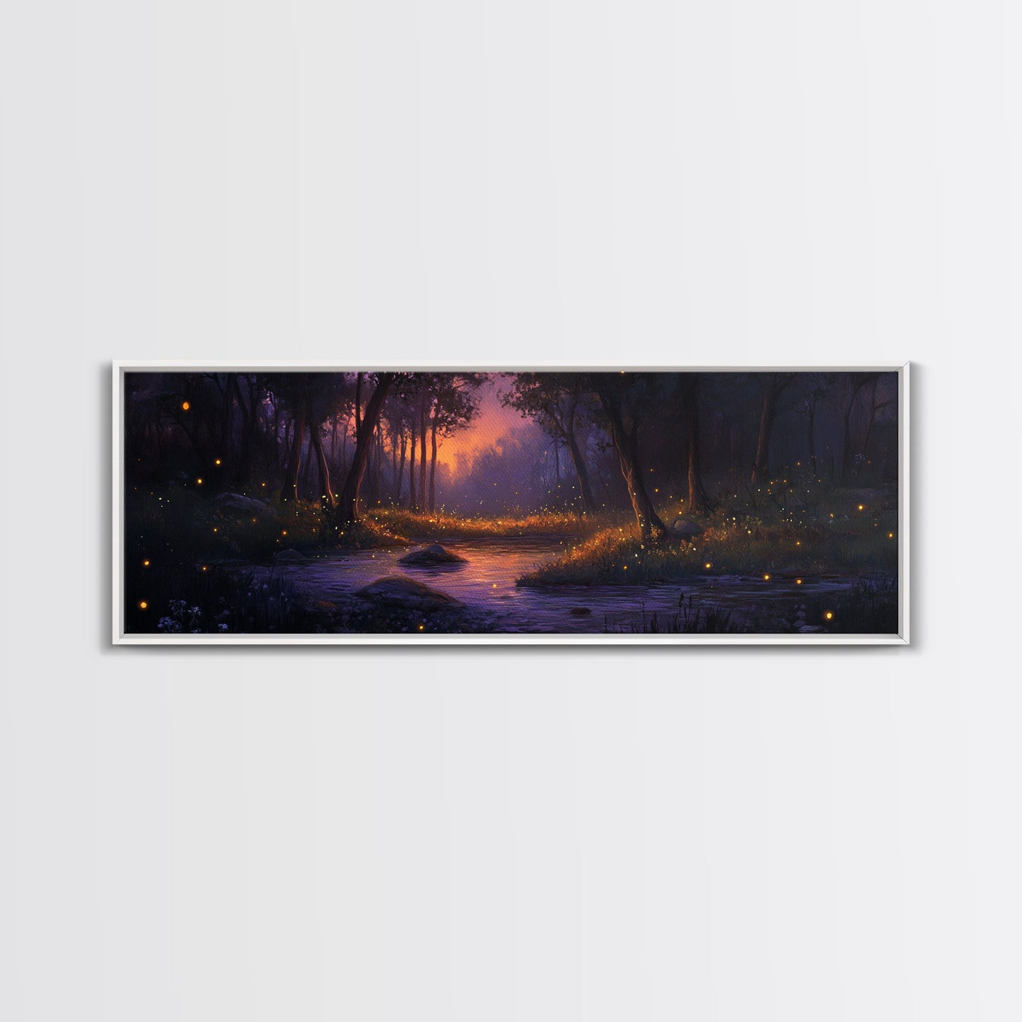 Panoramic Fantasy Forest Canvas Print, Fireflies Light Up The Night Sky in A Fantasy Forest,  Fantasy Painting