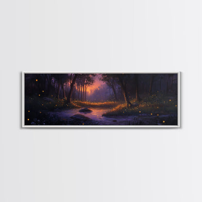 Panoramic Fantasy Forest Canvas Print, Fireflies Light Up The Night Sky in A Fantasy Forest,  Fantasy Painting