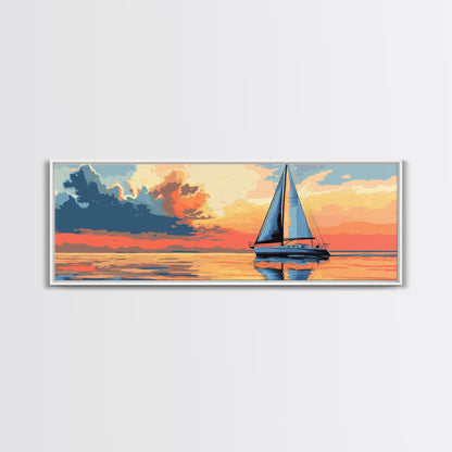 Retro Sailboat Painting Print Framed Canvas - Pop Art Sailboat Painting - Sailboat Wall Art - Nautical Landscape Ocean Painting - Home Decor