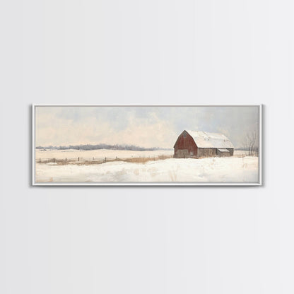 Barn Landscape Oil Painting Print - Retro Farm Wall Art - Village Wall Art - Old Red Barn In Winter - Winter Landscape - Winter Centerpiece Art
