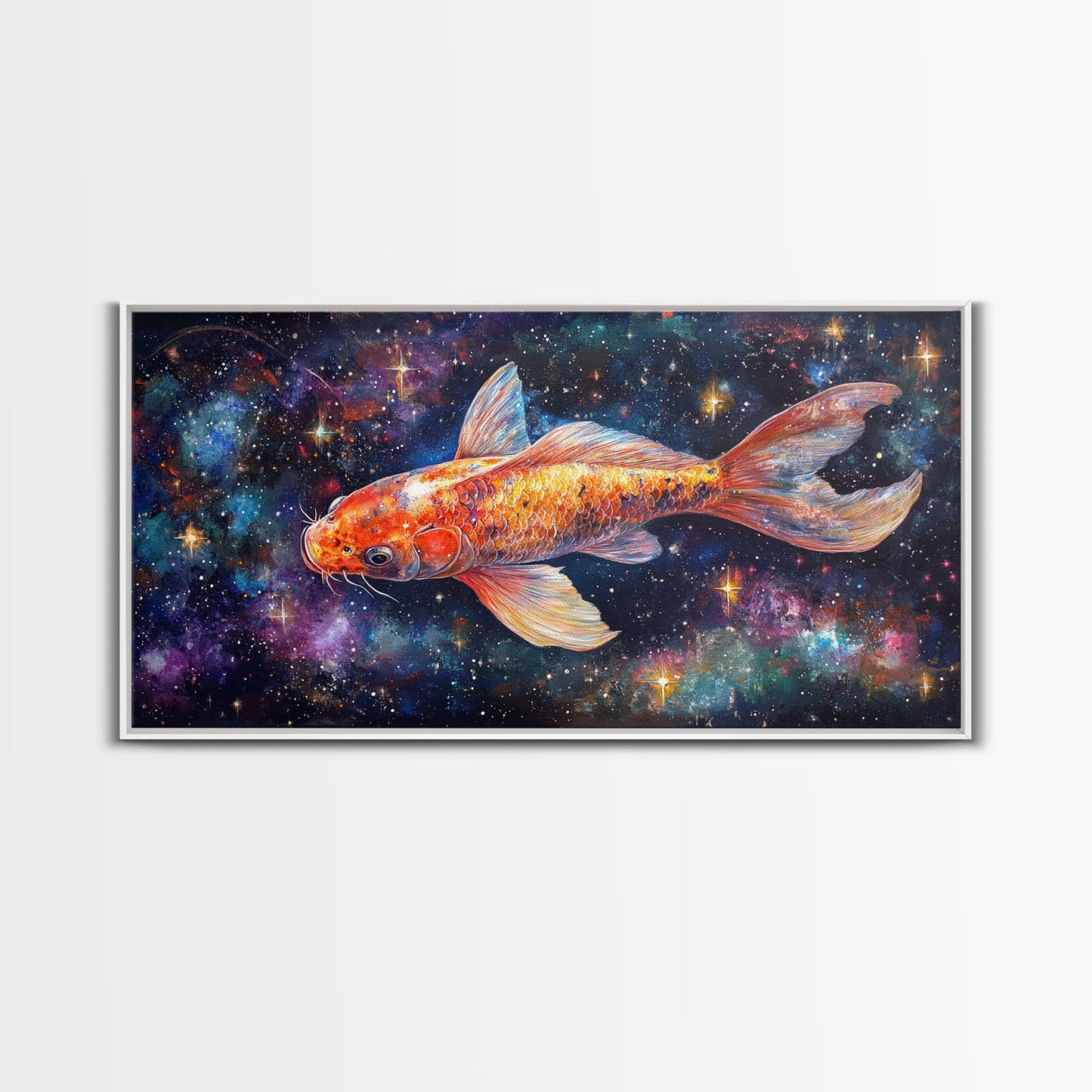 Galactic Koi Fish Framed Canvas Print, Retro Colorful Wall Art, Koi Fish Painting, Koi Wall Art, Space Art, Space Fish Painting