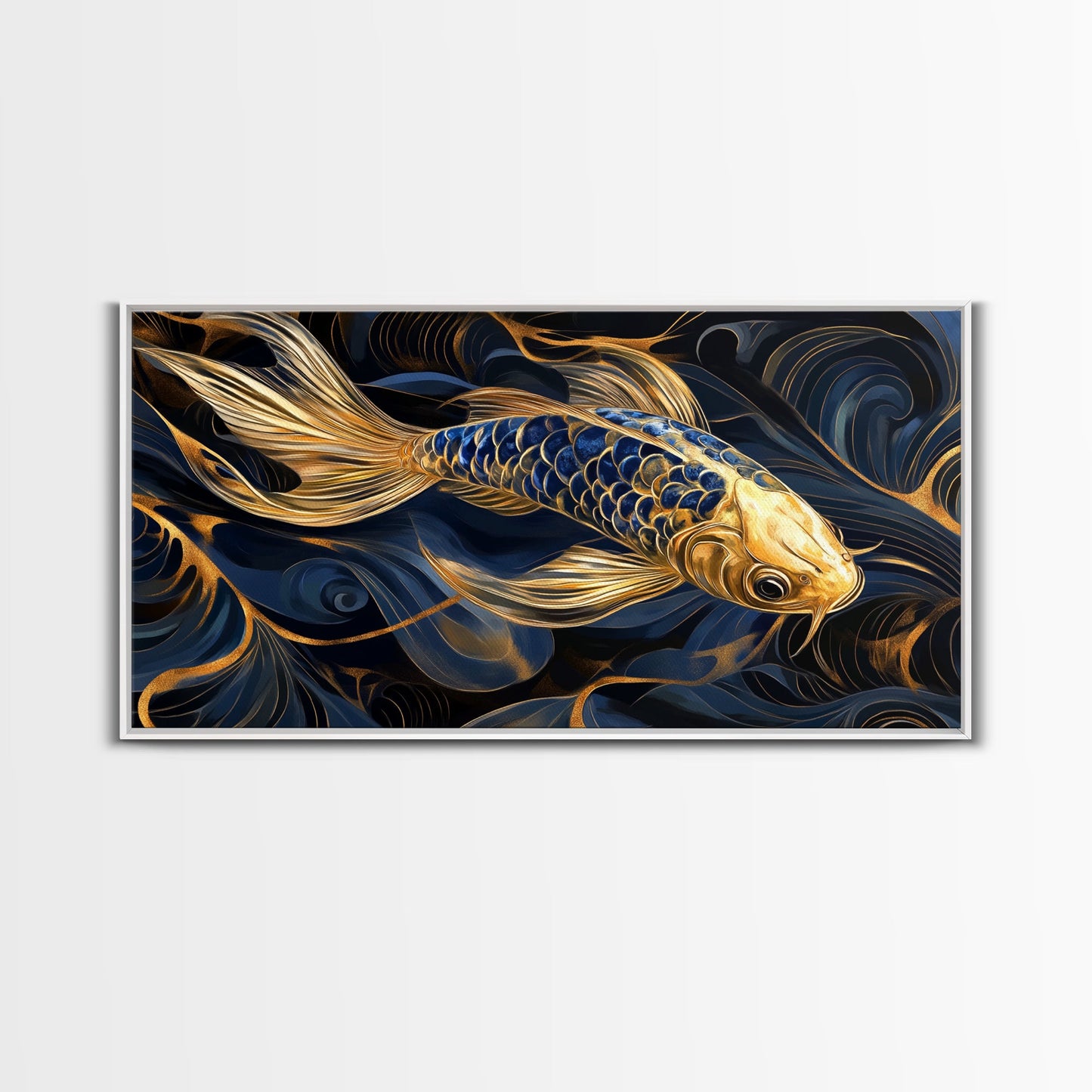 Black and Gold Koi Fish Framed Canvas Print, Wabi Sabi Style Home Decor, Koi Fish Painting Koi Fish Art, Modern Living Room Decor