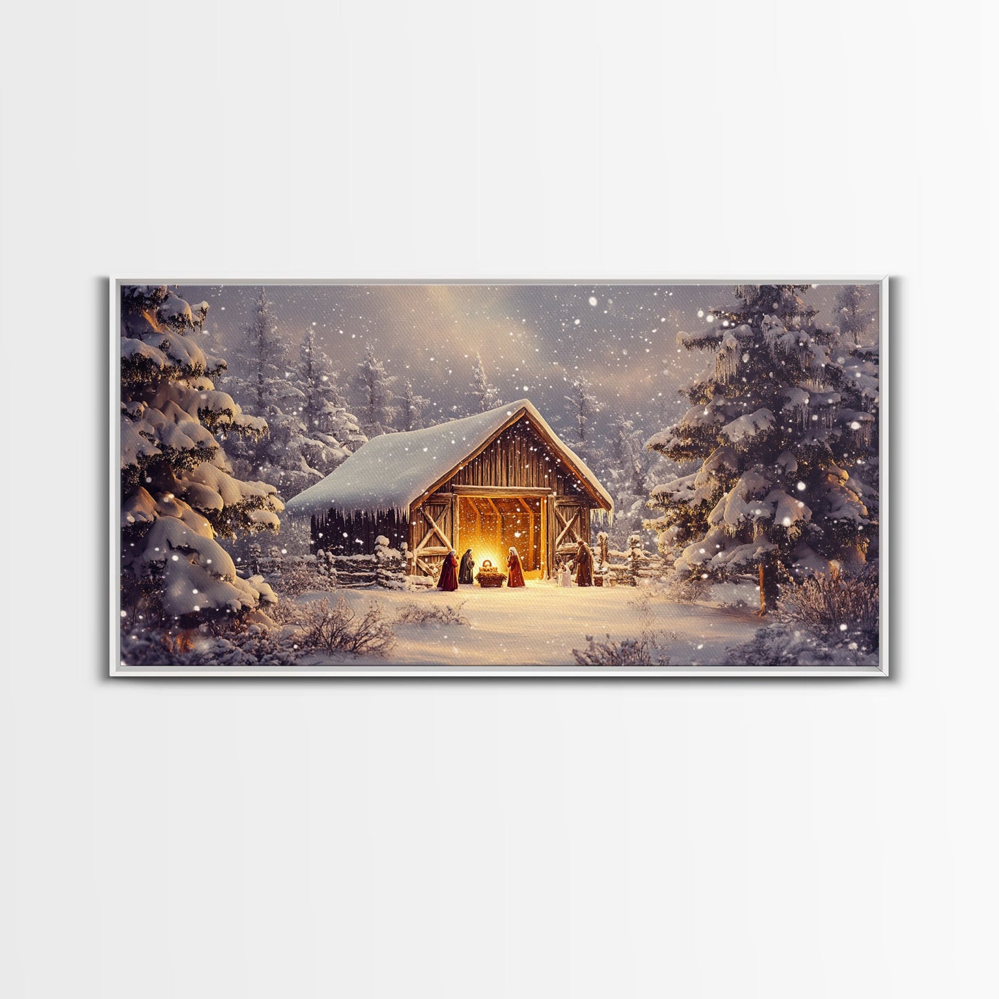 Nativity Scene Framed Canvas Print, Jesus in His Manger, Christmas Wall Art, Christmas Centerpiece Art, Nativity Oil Painting