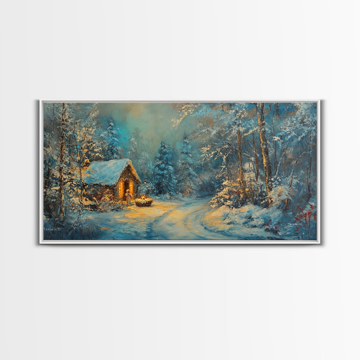 Above Mantle Christmas Wall Art, Framed Canvas Print, Cabin Art, Wall Art For Cabin, Winter Landscape Painting, Winter Themed Home Decor