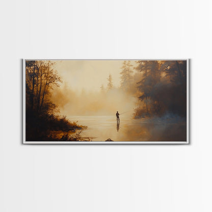 Retro Oil Painting Print of a Fly Fisher - Framed Canvas Print - Fishing Wall Art, Fisherman Painting, Fishing Gift, Gift for Fisher