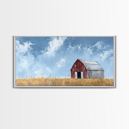 Old Building Farm In A Wheat Field, Framed Canvas Painting Print, Panoramic Rural Landscape Wall Art Rustic Barn Country Side Ready To Hang
