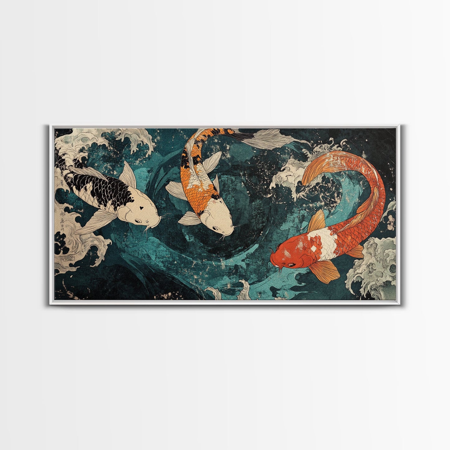 Large Oil Painting of Koi Fish Canvas Print, Vibrant Koi Fish Wabi Sabi Japanese Style Artwork, Minimalist Home Decor Living Room Wall Art