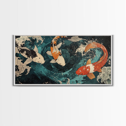 Large Oil Painting of Koi Fish Canvas Print, Vibrant Koi Fish Wabi Sabi Japanese Style Artwork, Minimalist Home Decor Living Room Wall Art