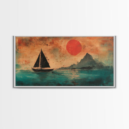 Wabi Sabi Wall Art, Japanese Sailboat Painting Print, Framed Canvas, Ocean Art, Beach House Decor, Bedroom Wall Art, Nautical Wall Art