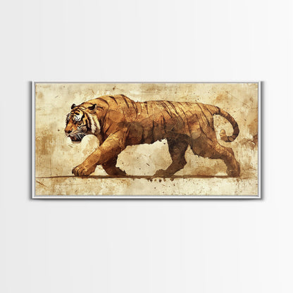 Tiger On The Hunt, Framed Canvas Print, Wabi Sabi Tiger Painting, Elegant Japanese Style Artwork
