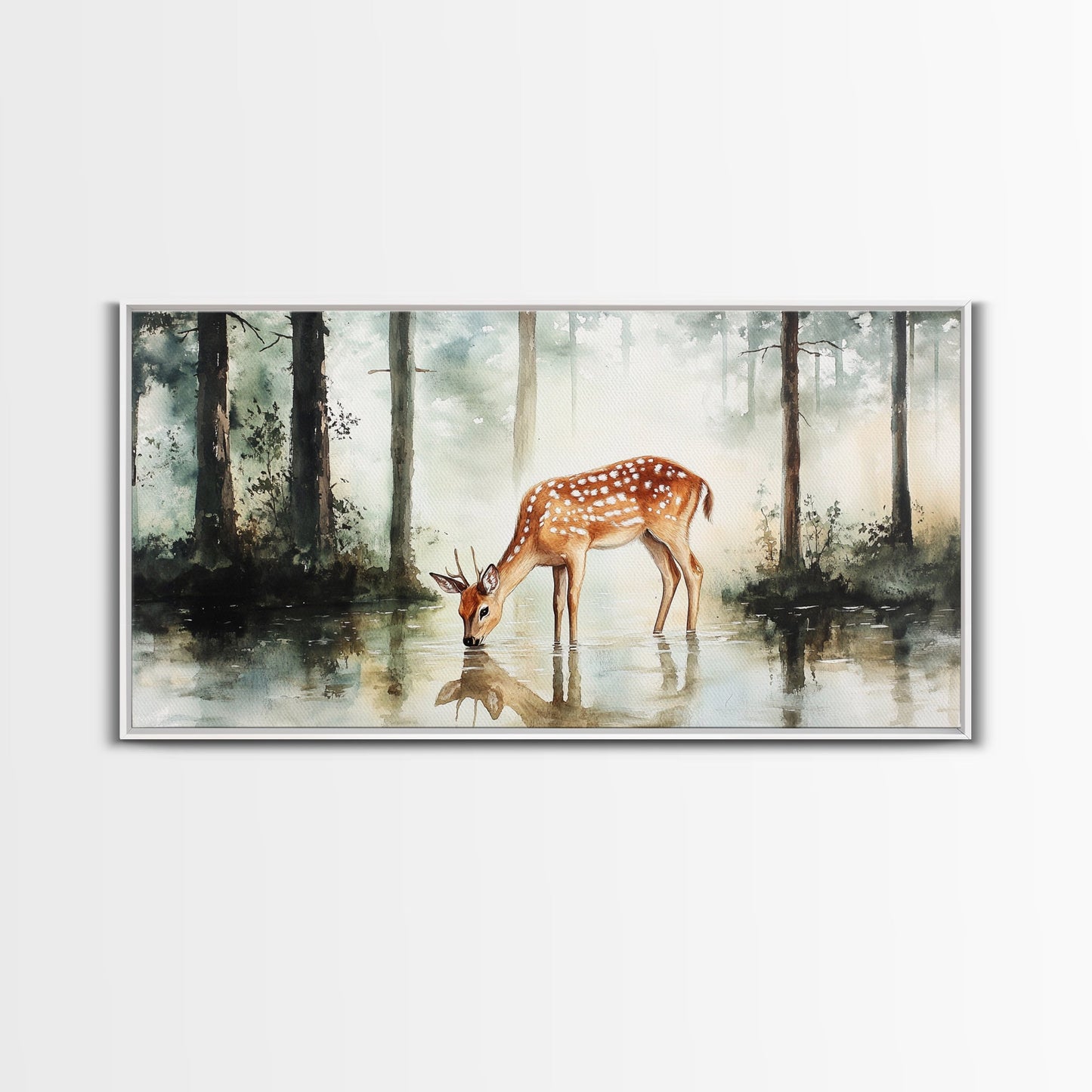 Rustic Farmhouse or Cabin Wall Art Painting of a Deer Drinking Water In The Forest, Minimalist Farmhouse Decor, Framed Canvas Print