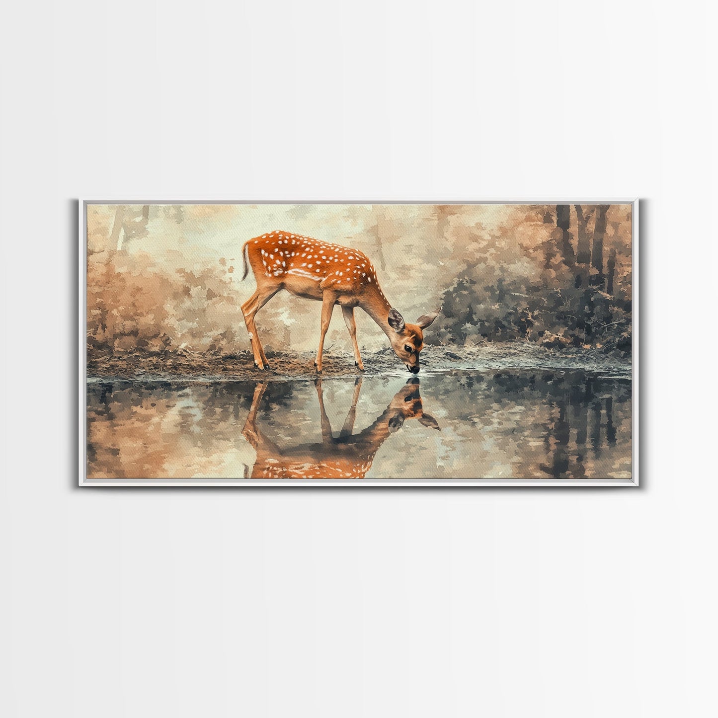 Reflection of a Deer Drinking Water - Framed Canvas Print - Cute Farmhouse Wall Art - Farmhouse Decor