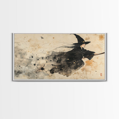 Wabi Sabi Witch Rides Her Broom - Framed Canvas Print - Witch Painting - Witchy Wall Art - Witch Decor