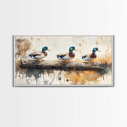 Rustic Duck Painting Canvas Print, 3 Ducks On A Log, Framed Canvas Nature Painting, Landscape Painting, Nature Art, Meadow Painting Cabin Art