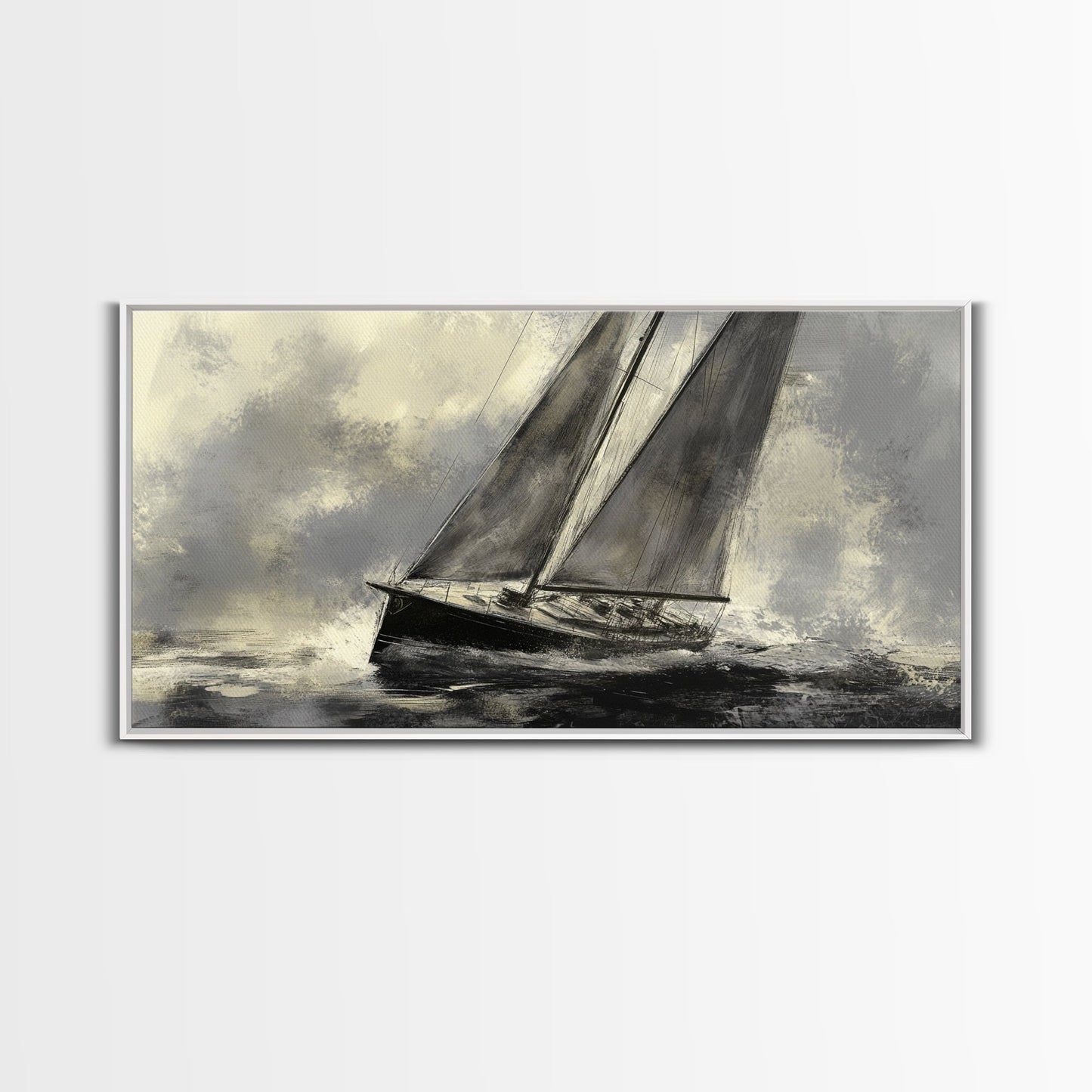 Black and White Charcoal Sketch Print of a Sailboat In a Storm, Framed Canvas Print, Nautical Wall Art, Nautical Home Decor