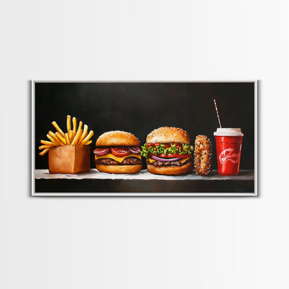 Burger and Fries Framed Canvas Print, Kitchen Canvas Art, Kitchen Wall Art, Burger Painting, Burger Art, Dining Room Wall Art