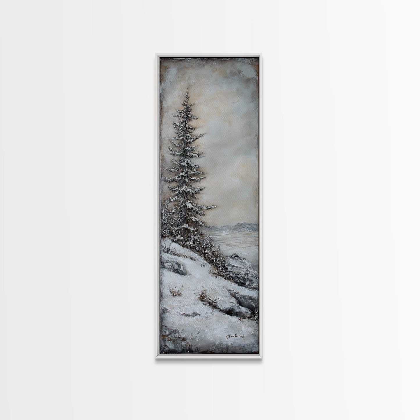 Framed Canvas Print Winter Pine Tree Art Rustic Landscape Wall Art Tall Narrow Art Cozy Cabin Decor Above Sofa Art