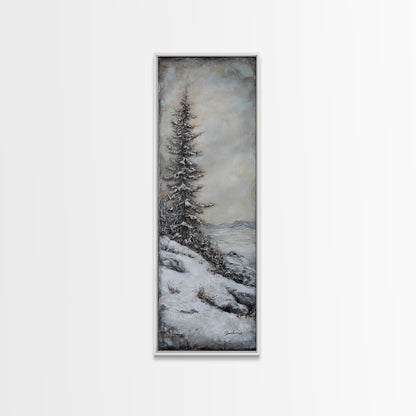 Framed Canvas Print Winter Pine Tree Art Rustic Landscape Wall Art Tall Narrow Art Cozy Cabin Decor Above Sofa Art