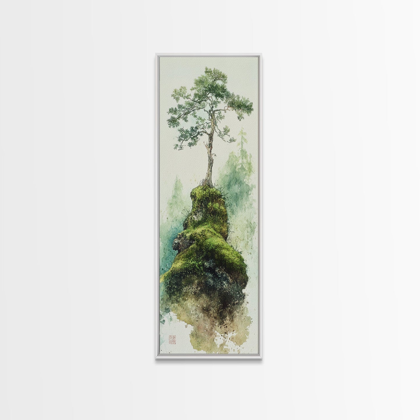 Framed Canvas Print Serene Tree Art Nature-Inspired Decor Wabi Sabi Art Botanical Print Calm Green Tones Above Couch Art Minimalist Decor