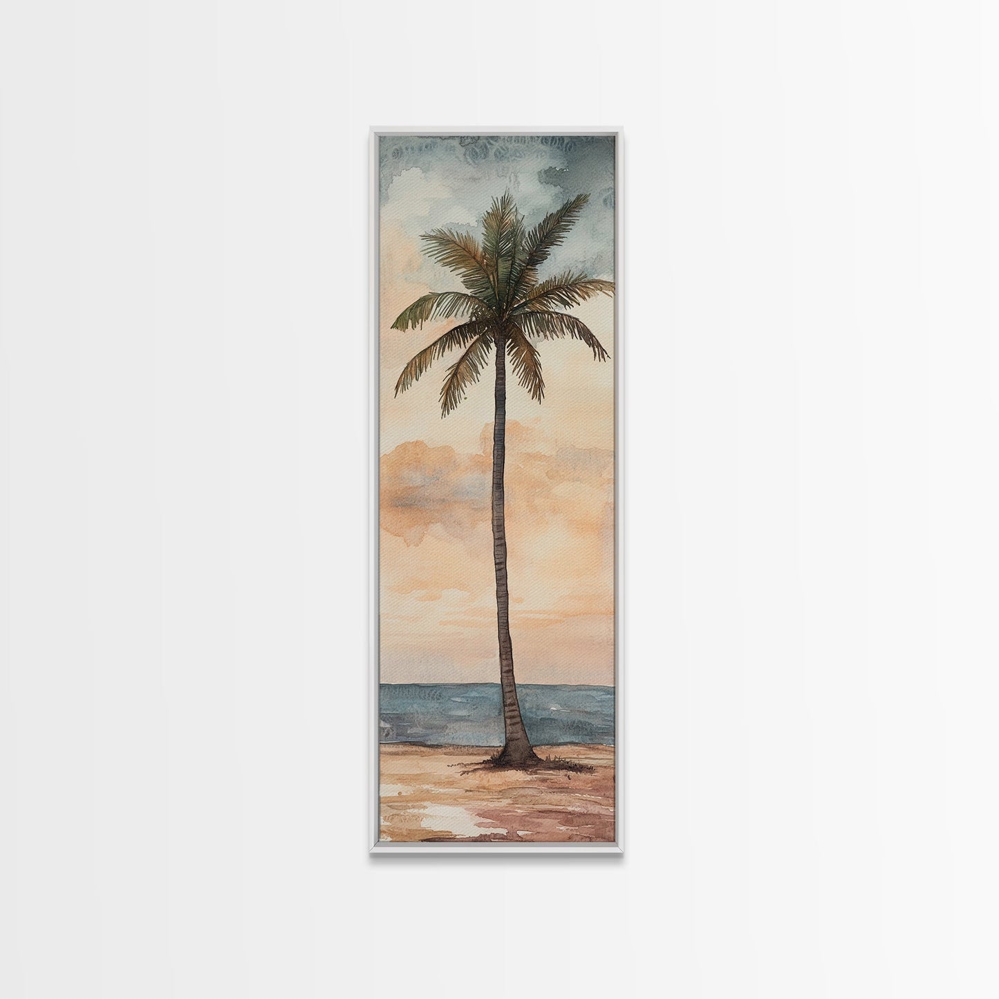 Framed Canvas Print Coastal Palm Tree Art, Sunset Beach Scene, Tropical Coastal Wall Art, Nautical Decor, Skinny Wall Art Gift Idea