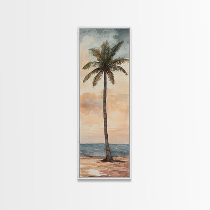 Framed Canvas Print Coastal Palm Tree Art, Sunset Beach Scene, Tropical Coastal Wall Art, Nautical Decor, Skinny Wall Art Gift Idea