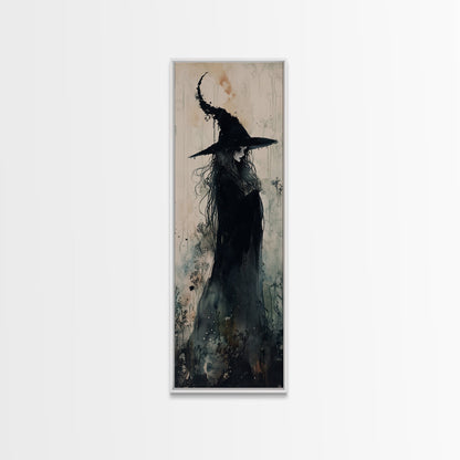 Mystical Witch in Black Forest Art - Framed Canvas Print for Halloween, Gothic Decor, Witch Art, Dark Home Decor, Long Wall Art