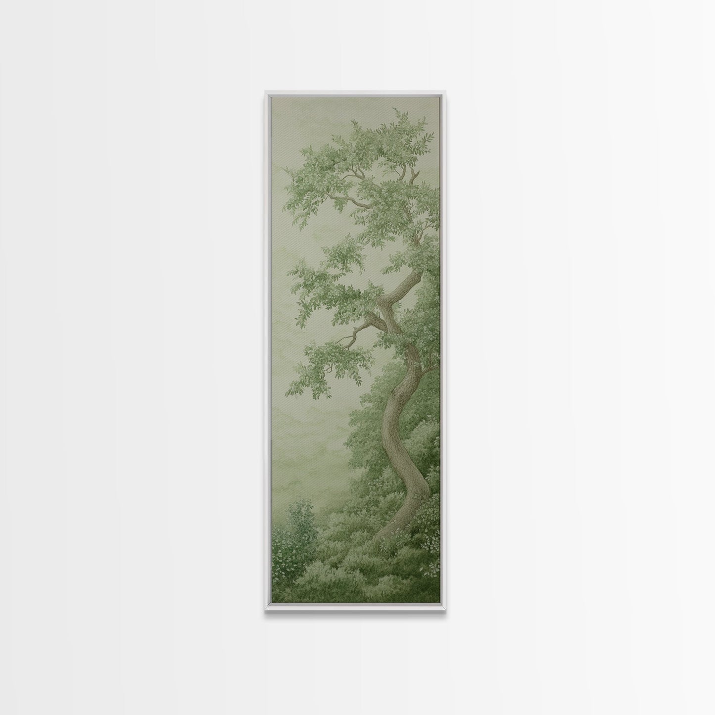 Misty Green Botanical Scene - Framed Canvas Print Showcasing Wabi Sabi Art Style with Tranquil Tree Landscape