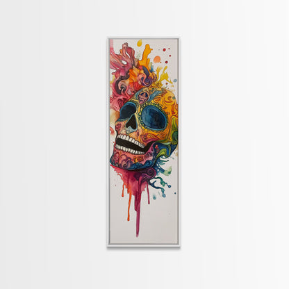 Sugar Skull Painting Print, Mexicano Wall Art, Framed Canvas, Tall Narrow Art, Skinny Accent Piece, Skull Painting, Skull Art, Chicano Art