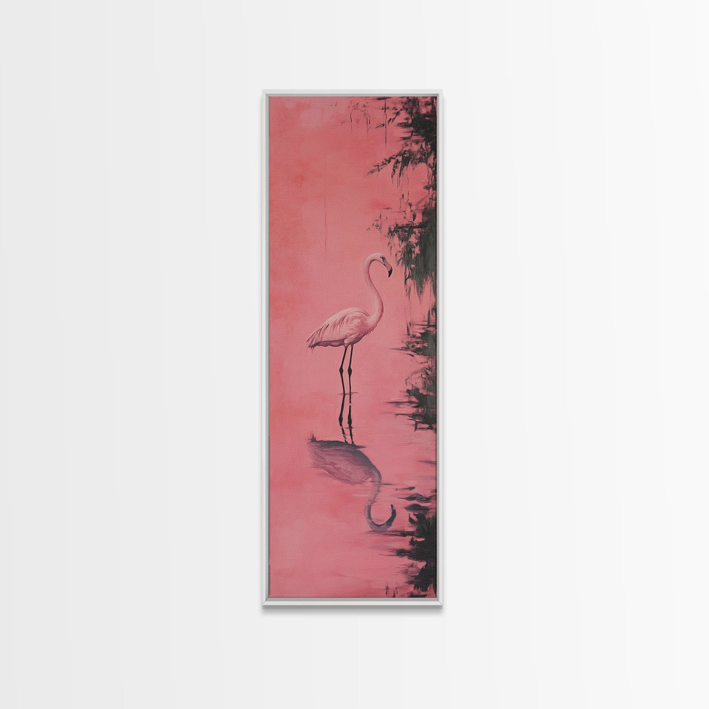 Reflections of a Pink Flamingo, Framed Canvas Print, Vaporwave Wall Art, Coastal Decor, Living Room Accent Piece, Pink Flamingo Art