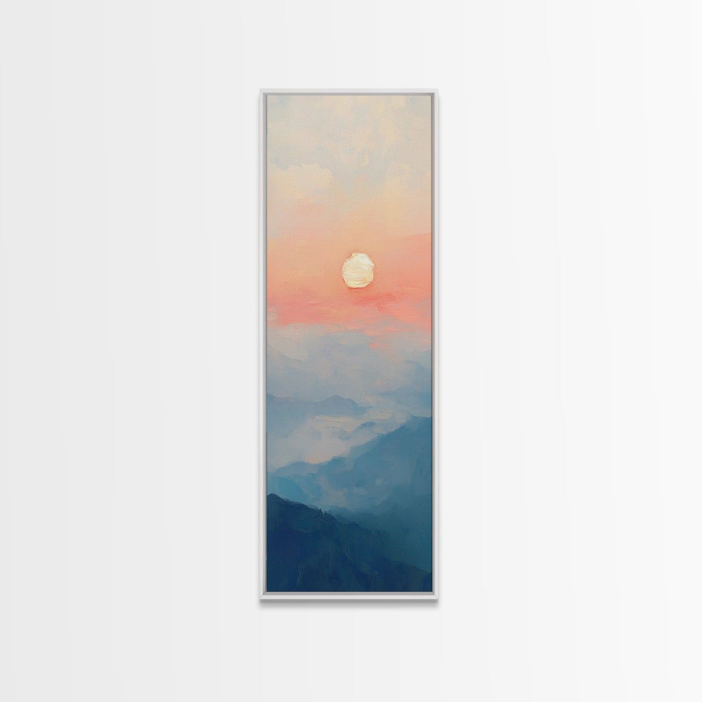 Wabi Sabi Sunset Oil Painting Print, Framed Canvas, Coastal Decor, Sunrise Over The Mountains, Boho Style Wall Art, Tall Narrow Wall Art