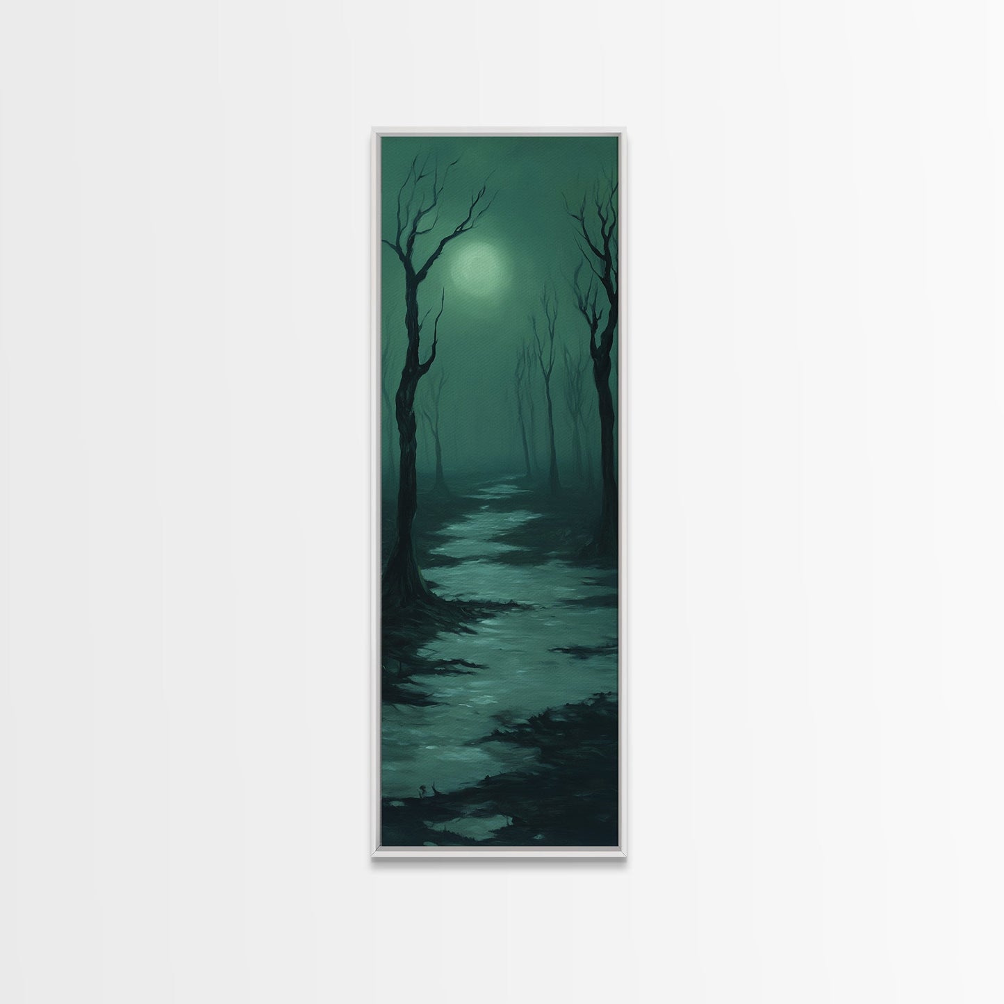 Framed Canvas Print of Forest at Dusk Painting in Teal, Moody Art, Dark Romance Painting, Above Bed Wall Art, Tall Narrow Art, Unique Gift Idea