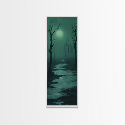 Framed Canvas Print of Forest at Dusk Painting in Teal, Moody Art, Dark Romance Painting, Above Bed Wall Art, Tall Narrow Art, Unique Gift Idea