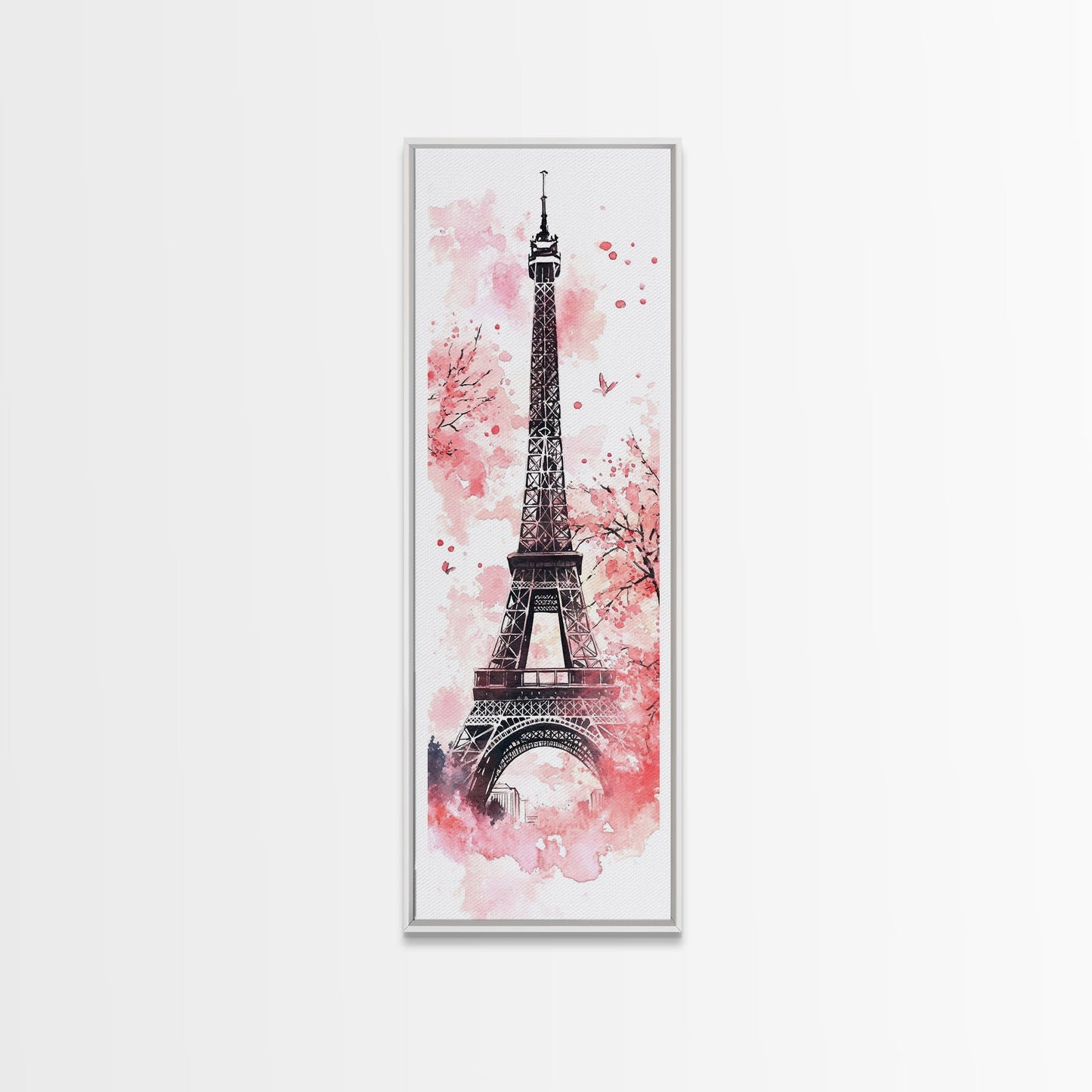 Eiffel Tower Wall Art Framed Canvas Print, Cherry Blossom Painting Vertical Paris Decor, Pink Dorm Art, French Travel-Inspired Gift