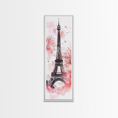 Eiffel Tower Wall Art Framed Canvas Print, Cherry Blossom Painting Vertical Paris Decor, Pink Dorm Art, French Travel-Inspired Gift