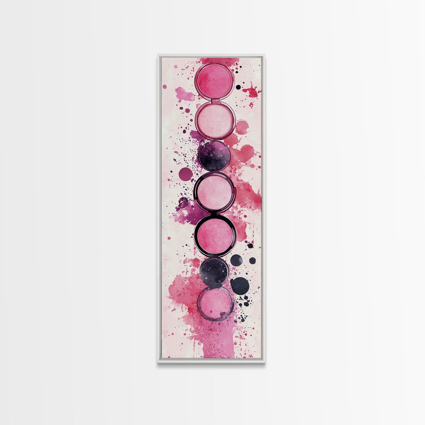 Makeup Palette Canvas Print, modern pink abstract art with splatter design, bold vertical wall art, unique wabi sabi minimalist print.
