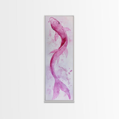Koi Fish Canvas Print - Pink Whimsical Art, Minimalist Japanese Fish Painting, Skinny Wall Art, Peaceful Above Sofa Artwork