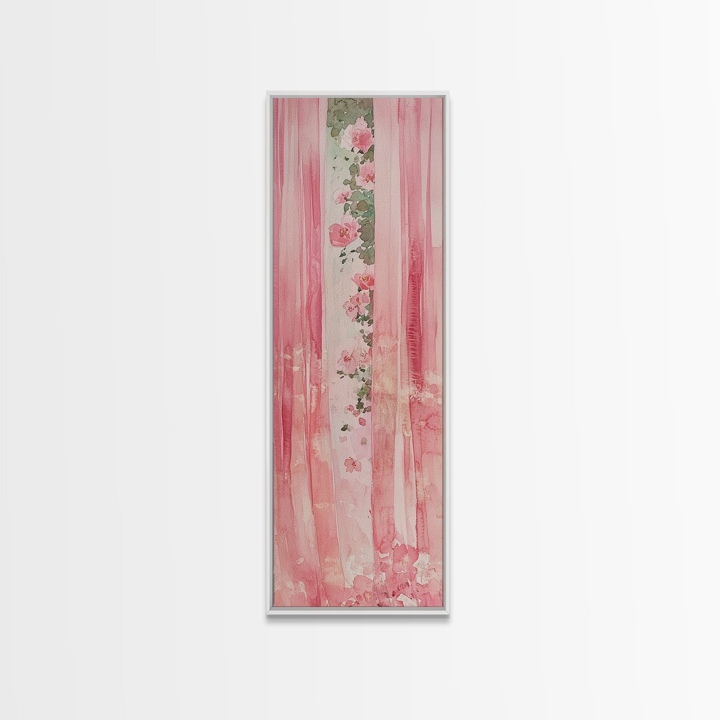 Pink Floral Curtains Framed Canvas Print Whimsical Art Light Pink Wall Art Vertical Wall Art Minimalist Art Rustic Decor Gift