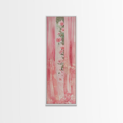 Pink Floral Curtains Framed Canvas Print Whimsical Art Light Pink Wall Art Vertical Wall Art Minimalist Art Rustic Decor Gift