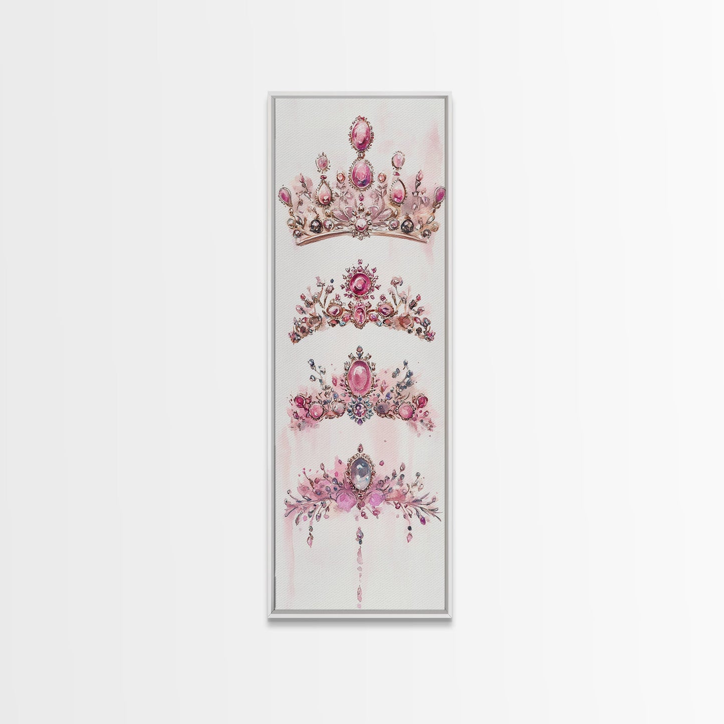 Royal Pink Tiara Framed Canvas Print Princess Gemstone Painting Feminine Wabi Sabi Art Vertical Wall Art Elegant Home Decor