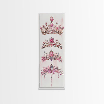 Royal Pink Tiara Framed Canvas Print Princess Gemstone Painting Feminine Wabi Sabi Art Vertical Wall Art Elegant Home Decor