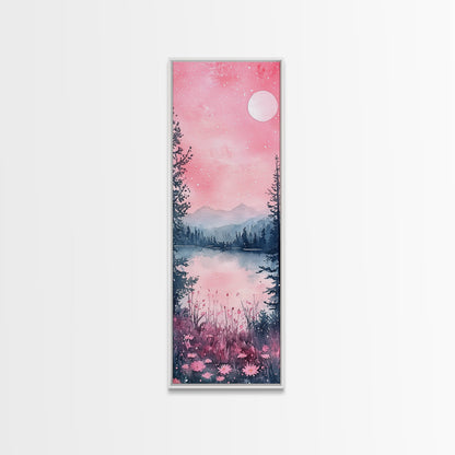 Moonlit Pink Forest Canvas Print, Moody Mountain Landscape Painting, Wildflower Rustic Vertical Wall Art, Cozy Living Room Decor