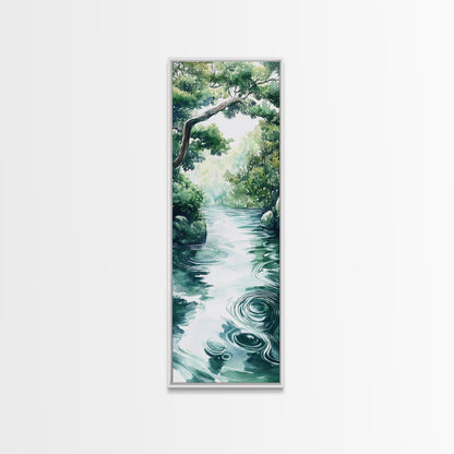 Serene Forest Stream Framed Canvas Print Coastal Landscape Art Green Wall Art Rustic Decor Vertical Art Guest Room Wall Decor